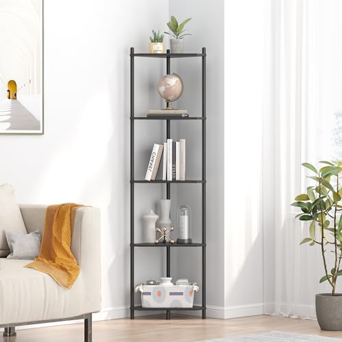 Wisuce Black Tall Corner Shelf Stand, 5-Tier Bamboo Corner Bookshelf