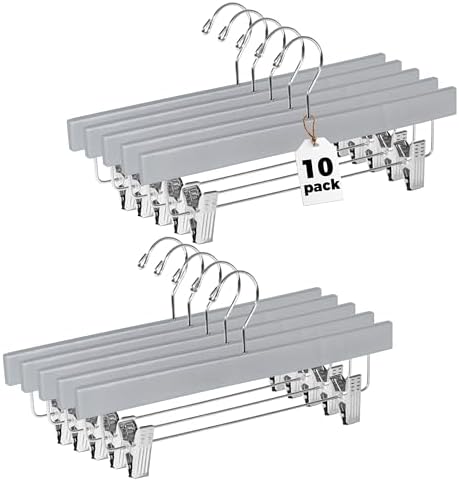 Quality Hangers Wooden Pants Hangers - 10-Pack Swivel Hook Cloth Hanger Set - Lotus Wood Skirt, Pant, Shorts and Slack Hangers with Adjustable Clip – Gray Clothing Hanger (Gray, 10)