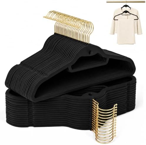 Black Velvet Hangers 50 Pack with Stackable Cascading Gloden Hook