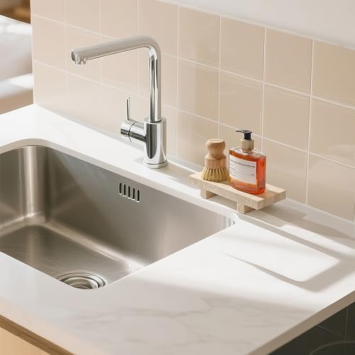 Natural Travertine Tray Pedestal Stand for Bathroom Countertop, 9" x 4" Stone Riser for Soap, Perfume & Candles, Waterpr