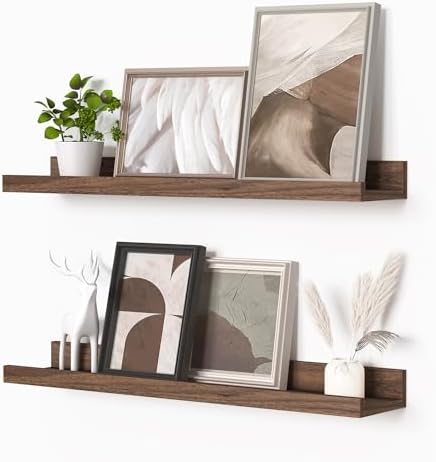 Heimlove Picture Ledge Shelf, Floating Shelves Set of 2, 24 Inches Picture Shelf for Wall with Ledge, Kids Bookshelf Wall Mounted for Living Room Bedroom Decor Books Photo Frames - Walnut