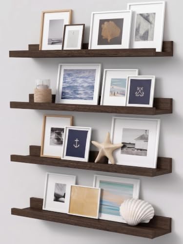 24 Inch Wooden Picture Ledge Shelf, Rustic Brown Phtoto Shelves for Wall