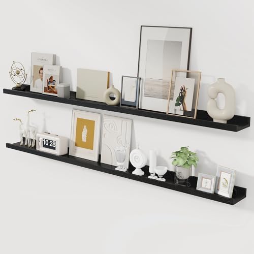 Acovy Solid Ash Wood Picture Ledge Shelf, 56 Inch, Black, Set of 2
