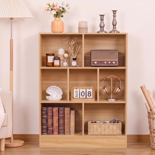 YAHARBO 3 Tier 7 Cube Mini Thin Bookshelf, Short Shallow Bookcase, Natural