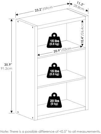 Furinno Viola Book Shelf, 3-Tier Bookshelf, Extra Thick Frame Bookcase with Open Shelf, Open Back Design, 11.3" x 23.2" 