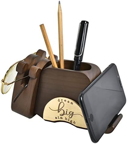 I'm Wood Multipurpose Eyeglass Phone Pen & Pencil Holder Stand Stationery Desk Organizer Accessories, For Home Office Desktop Decor Birthday Graduation Gifts “Dream Big Aim High” (Dog)
