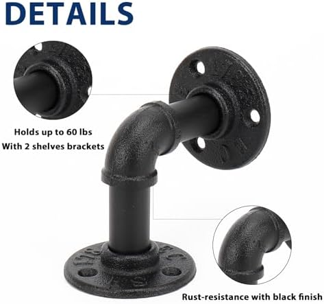 NearMoon Industrial Pipe Iron Shelf Brackets-Wall Mounted DIY Rustic Pipe Metal Brace Brackets, Vintage Farmhouse Décor 