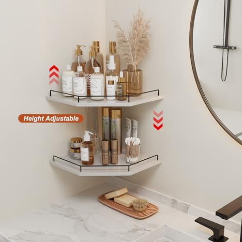 JJL Corner Shelf Wall Mounted, 12 Inches 2-Tier Floating Corner Shelf, Hexagon Rustic Wood Decor with Fence, White Float