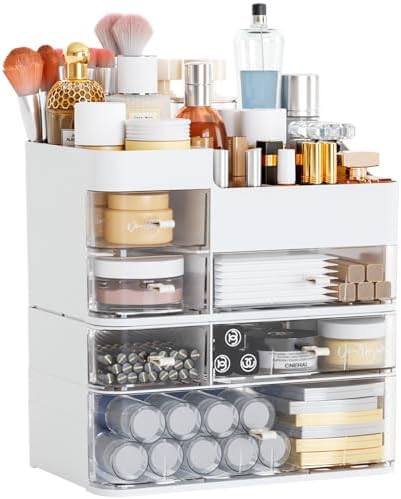 White Countertop Makeup Organizer with 6 Drawers,Large Capacity Skincare Organizers for Vanity,Desk,Dresser,Plastic Bath
