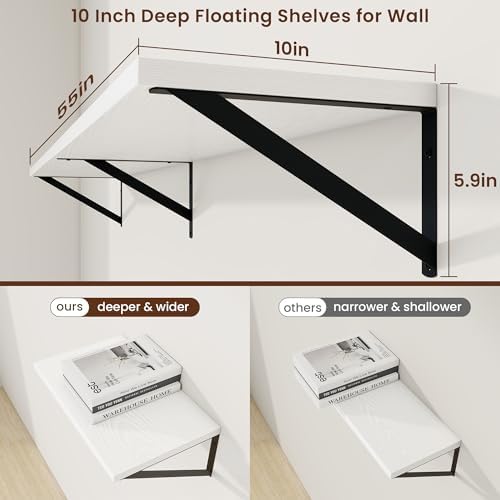 Axeman Deep Floating Shelves, 55'' x 10'' White Wall Shelves Set of 2