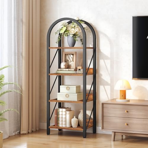 HOOBRO Bookshelf, 4-Tier Arched Bookshelf, Industrial Bookcase with Metal Frame, Small Book Shelf Storage Organizer for 