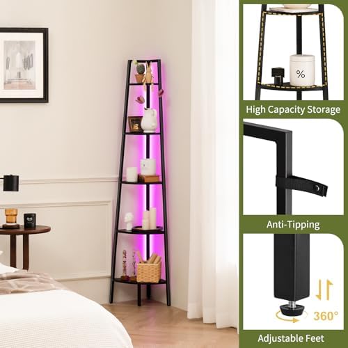 Yoobure Corner Shelf Stand, 5-Tier Bookshelf with LED Lights & Steel Frame, Tall Storage Shelves for Living Room, Bedroo