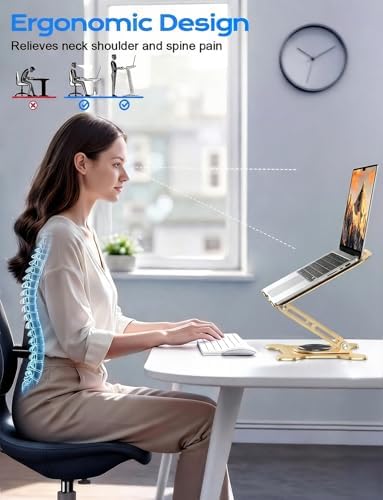 JCZT 360° Rotating Laptop Stand for Desk, Metal Foldable Laptop Riser, Gold