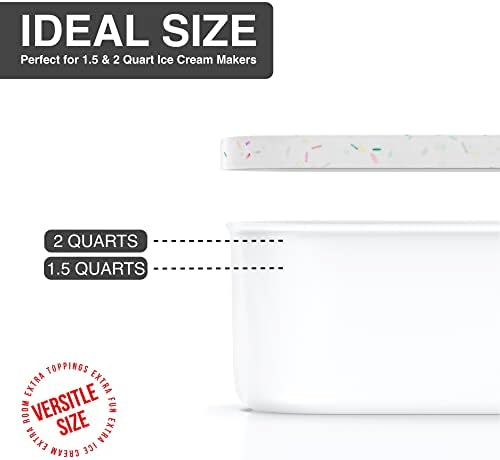 BALCI,Ice Cream Container,2 Quart,Perfect Reusable Freezer Storage for Homemade Ice Cream Tubs for Sorbet, Frozen Yogurt and Gelato!,Flexible Silicone Lids, Long Scoop, Stackable,White with Sprinkles