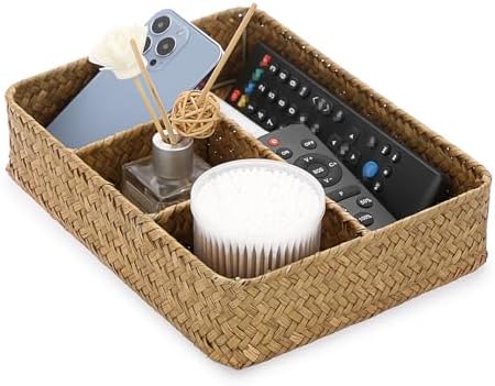 BTSKY Desk Drawer Organizer Tray, Coffee Station Organizer Tea Bag Organizer, Woven Seagrass Storage Basket with 4 Divided Sections Handwoven Wicker Storage Basket for Shelves, Pantry, Coffee Bar