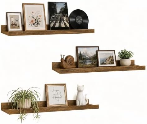 24inch Long Floating Shelves for Wall Decor, 3-Set Shelves with Lip, Brown