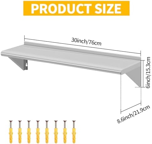 8.6" D x 30" W Stainless Steel Wall Mounted Shelves, 2 Packs Floating Shelving with Brackets, Commercial Shelf Perfect f