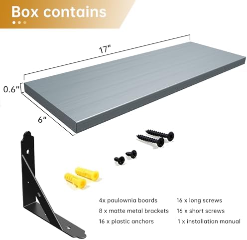 ROMGUAR CRAFT Wood Wall Floating Shelves Set of 4, 17" x 6" - Grey