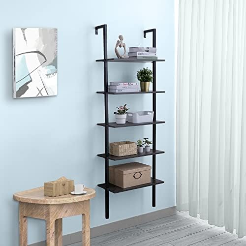 Molblly Modern Ladder Shelf Bookcase, 5-Tier Open Wall-Mounted Bookshelf with Stable Metal Frame, Stand Bookcase Open Di