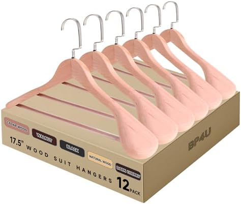 17.5" Wooden Suit Hangers with Non Slip Pants Bar, Cedar Wood, 12-Pack