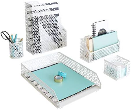 BLU MONACO | White Desk Organizer Set 6 Piece | Mail Sorter Organizer Countertop with Letter Sorter for Desk | Standing File Organizer for Desk with Pen Holders