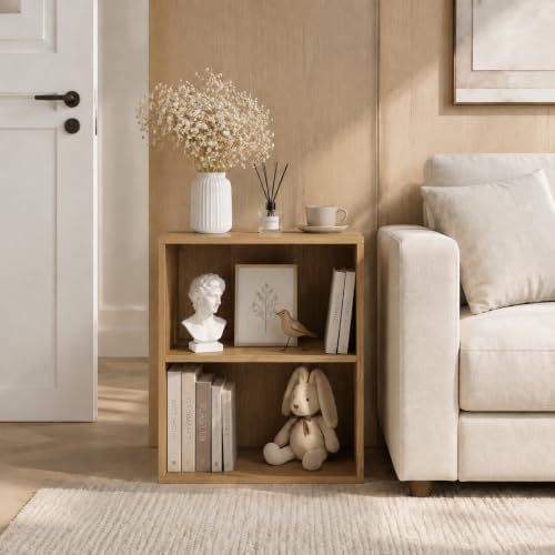 POWERSTONE 2 Tier Bookshelf, Cube Open Bookcase, 2PCS Natural