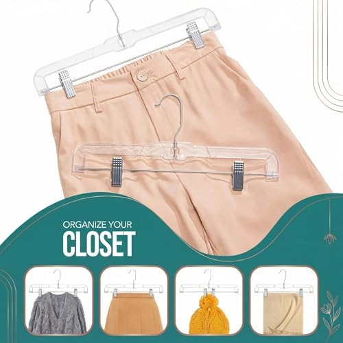 HOUSE DAY 120 Pack Clear Pants Hangers with Clips, Plastic Skirt Hangers