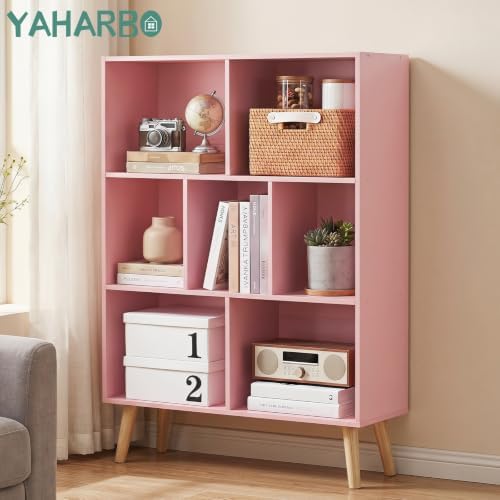 YAHARBO Light Pink Bookshelf,3 Tier Book Shelf with Legs, 7 Cube Minimalist Bookcase,Storage Organizer Shelves Display B