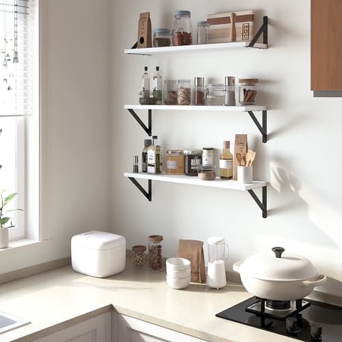 Heimlove Floating Shelves for Wall, 24 Inch Long Wood Floating Shelves Set of 3, Wall Mounted Hanging Shelf for Bathroom