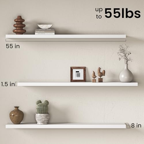 55" Floating Shelves for Wall, Set of 2, 8" Deep, 1.5" Thick, White
