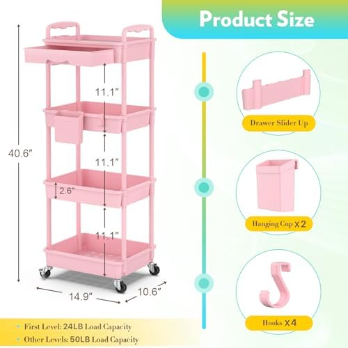 SUNALLY Makeup Cart Organizer with Drawer, 4 Tier Rolling Makeup Cart, Pink