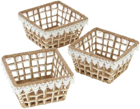 3-Pack Woven Paper Rope Storage Baskets with Lace Trim