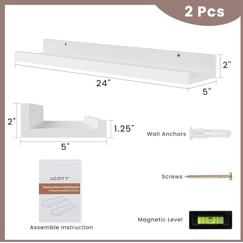 Acovy Floating Shelves for Wall, 24 inch Solid Wood Picture Ledge Shelf, Picture Shelf for Wall with Ledge, Floating Book Shelves for Living Room Bedroom Kitchen Nursery Decor, White, Set of 2