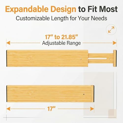 FUSHITON Bamboo Drawer Dividers 17"-22" Adjustable Expandable Drawer Organizers Spring Loaded Drawer Separators for Kitc