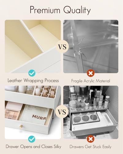 VLANDO 2-Layer Makeup Organizer Countertop with Drawers for Vanity,White