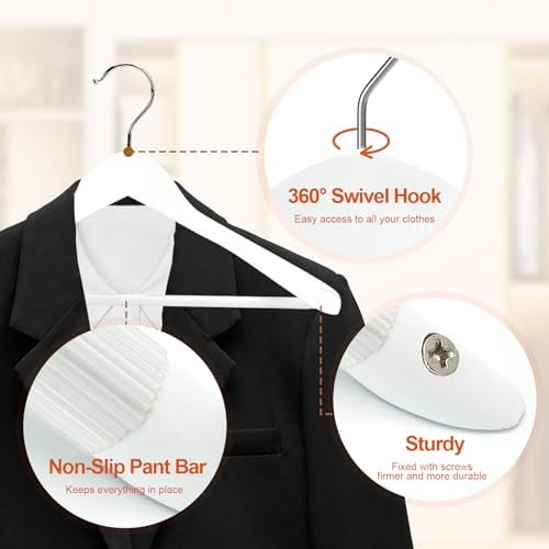 HOUSE DAY Wooden Suit Hangers 6 Pack，Heavy Duty Wide Shoulder Hangers, Solid Wood Coat Hanger with Non-Slip Pant Bar for Petite Adults, Teens and Small Suits, Coats, Jackets (White, 16.5‘’)