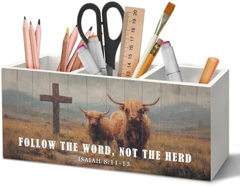 Christian Highland Cow Pen Holder Organizer for Desk Accessories, Follow the Word Not the Herd Bible Verse Rustic Highland Cow Wooden Box Sign Desk Decorations for Home Office Decor