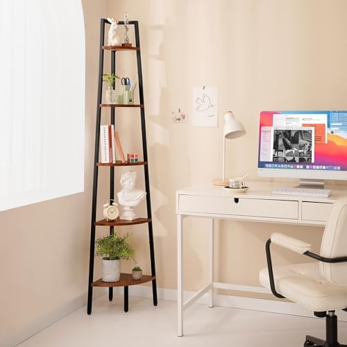 Yoobure 5-Tier Corner Shelf Stand- 67.5" Tall Corner Bookshelf with Metal Frame, Industrial Ladder Corner Shelves Displa