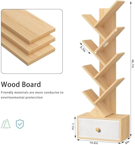 SHEEPAM 8-Tier Tree Bookshelf Floor Standing Storage Bookcase with Drawer