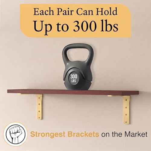 4 Pack Heavy Duty Brass Shelf Brackets 16 Inch by Balin Designs – Decorative L Bracket for Shelves, Metal Shelf Support 