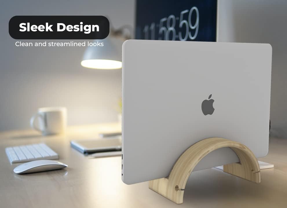 Kothar Wood Vertical Laptop Stand for Desk, Natural Bamboo, Space-Saving Desktop Dock for Apple MacBook, Microsoft Surfa