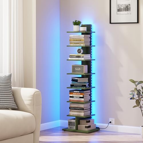 TUTOTAK Book Shelf, Narrow Spine Bookshelf, 8-Tier Bookcase with LED Lights