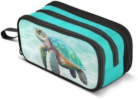 Sea Turtle Teal Pencil Case Box Boys Girls Large Pencil Pouch with Zipper Compartments Big Capacity Stationery Pen Bag Organizer for Kids Teens Adults School Office