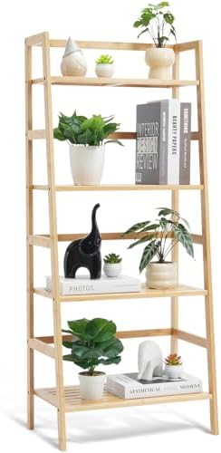 VEVOR 4-Tier Bamboo Ladder Shelf, Trapezoid Open Bookcase, Display Storage Rack Organizer, Freestanding Flower Plant Sta