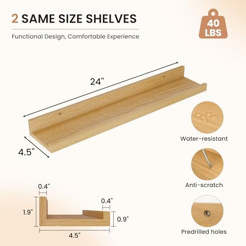 Dreamland Picture Ledge Shelf for Wall, Floating Shelves Set of 2, 24 Inch Long Floating Shelves with Lip for Living Room, Bedroom, Bathroom, Kitchen, Oak