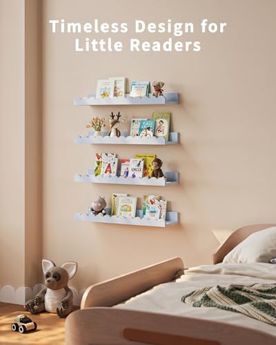 Shario Nursery Book Shelves, 4-Pack White Floating Shelves for Wall Kids, Scalloped Shelves, Wall Book Shelves for Bedro
