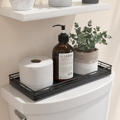 Oak Bathroom Toilet Tank Tray, 13" Wood Toilet Paper Storage Basket Back of Toilet Basket Organizer, Vanity Tray for Per