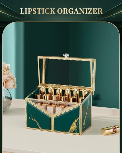 CoralHouse Glass Lipstick Organizer with Lid, 18-Slot Vanity Holder, Green