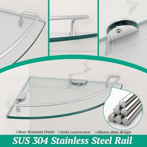 2 Ties Glass Corner Shelf with SUS 304 Stainless Steel Rail Chrome Finished, Esquinero para baños, Rustproof Tempered Gl