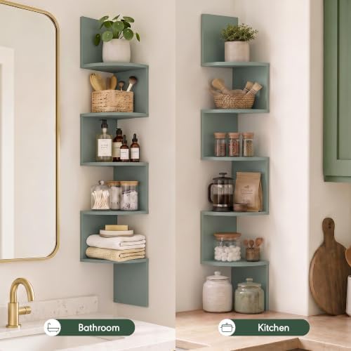 Furinno Rossi 5-Tier Corner Floating Book Shelves for Wall, Sage Green